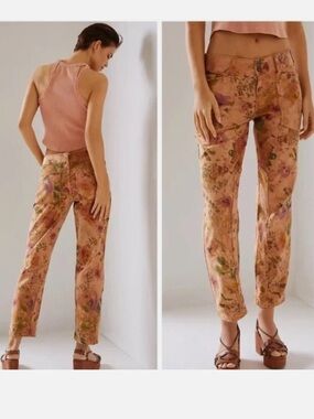 Pilcro The Wanderer Anthropologie Floral Jeans Straight Ankle Patch Detail Pants